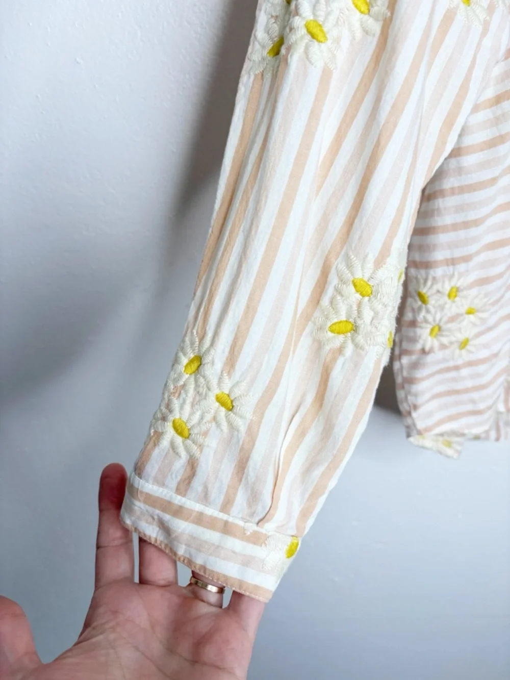 BDG Pink Ivory Stripped Oversized Button Down With Embroidered Daisies Size XS - Picture 4 of 9